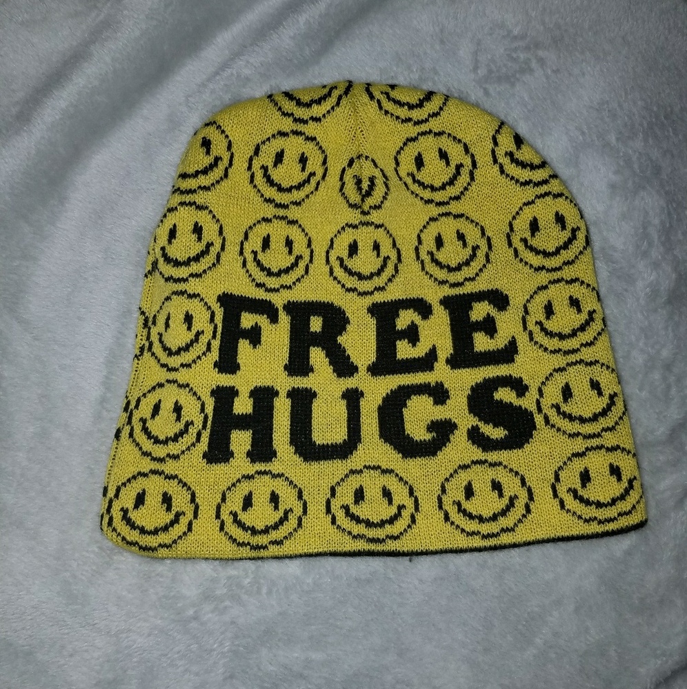 NWOT reversible "Free Hugs" Smiley face beanie
